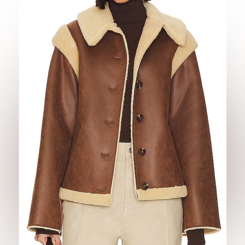 NEW Revolve LPA Bona Sherpa Leather Jacket & Vest in Burnished Brown XXS